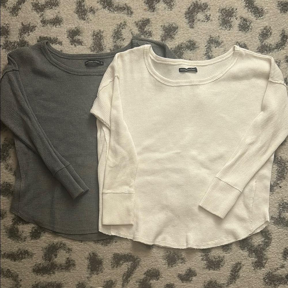 Two Long Sleeve Waffle Knit Tops - Gray and White